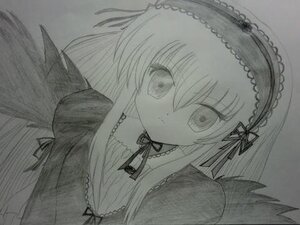 Rating: Safe Score: 0 Tags: 1girl bangs closed_mouth detached_collar dress eyebrows_visible_through_hair feathered_wings frills greyscale hairband image long_hair long_sleeves looking_at_viewer monochrome ribbon simple_background solo suigintou traditional_media upper_body white_background wings User: admin