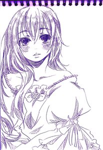 Rating: Safe Score: 0 Tags: 1girl bare_shoulders blush collarbone dress flower image long_hair looking_at_viewer monochrome purple_theme solo suigintou traditional_media User: admin