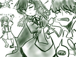 Rating: Safe Score: 0 Tags: 1boy 1girl angry chain dress green_theme image long_sleeves monochrome open_mouth solo suiseiseki User: admin