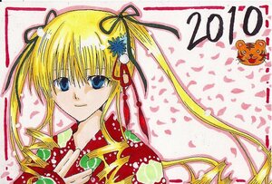 Rating: Safe Score: 0 Tags: 1girl blonde_hair blue_eyes flower hair_ornament hair_ribbon image long_hair looking_at_viewer petals ribbon shinku smile solo traditional_media twintails User: admin