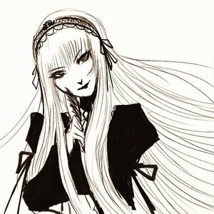 Rating: Safe Score: 0 Tags: 1girl bangs closed_mouth dress greyscale hairband head_tilt image long_hair long_sleeves looking_at_viewer monochrome ribbon simple_background smile solo suigintou upper_body very_long_hair User: admin