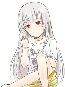 Rating: Safe Score: 0 Tags: 1girl bangs blush closed_mouth clothes_writing eyebrows_visible_through_hair holding image long_hair red_eyes shirt simple_background solo striped striped_shirt suigintou t-shirt white_background User: admin