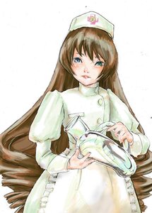 Rating: Safe Score: 0 Tags: 1girl apron bangs brown_hair cup dress frills hat image long_hair long_sleeves looking_at_viewer nurse nurse_cap simple_background solo suiseiseki very_long_hair white_background User: admin