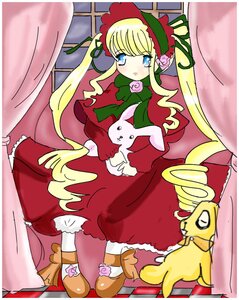 Rating: Safe Score: 0 Tags: 1girl blonde_hair blue_eyes blush bonnet bow bowtie curtains dress flower green_bow image indoors long_hair long_sleeves looking_at_viewer red_dress rose shinku sidelocks sitting solo twintails underwear window User: admin
