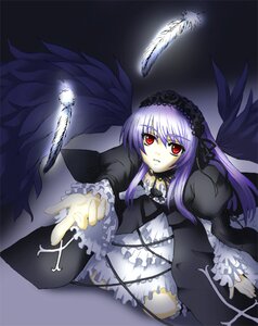 Rating: Safe Score: 0 Tags: 1girl black_wings dress feathered_wings feathers flower frills hairband image long_hair long_sleeves looking_at_viewer red_eyes ribbon rose solo suigintou very_long_hair wings User: admin