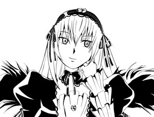 Rating: Safe Score: 0 Tags: 1girl dress frills greyscale hairband image long_hair long_sleeves looking_at_viewer monochrome puffy_sleeves ribbon simple_background solo suigintou upper_body white_background wings User: admin