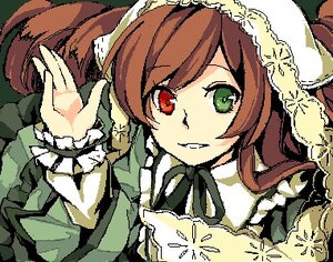 Rating: Safe Score: 0 Tags: 1girl brown_hair dress frills green_dress green_eyes hat heterochromia image long_hair long_sleeves looking_at_viewer red_eyes ribbon simple_background smile solo suiseiseki twintails upper_body User: admin