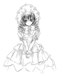 Rating: Safe Score: 0 Tags: 1girl bow dress greyscale image long_sleeves looking_at_viewer monochrome shinku short_hair sketch solo standing v_arms User: admin