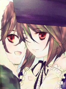 Rating: Safe Score: 0 Tags: 2girls brown_hair hat image looking_at_viewer multiple_girls one_eye_closed open_mouth pair red_eyes short_hair smile souseiseki suiseiseki traditional_media User: admin