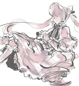 Rating: Safe Score: 0 Tags: 1girl closed_eyes dress frills hat image long_hair long_sleeves shinku sketch solo striped twintails white_background User: admin