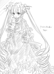 Rating: Safe Score: 0 Tags: 1girl bow dress flower frills greyscale image long_hair long_sleeves looking_at_viewer monochrome shinku solo twintails very_long_hair white_background User: admin