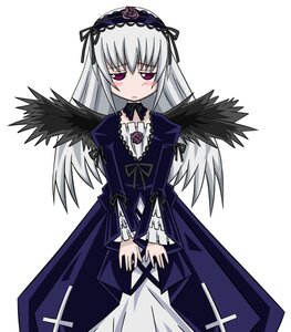 Rating: Safe Score: 0 Tags: 1girl artist_request black_wings blush cowboy_shot cross-laced_clothes detached_collar dress flower frills gothic_lolita grey_hair hairband image lolita_fashion long_hair long_sleeves looking_at_viewer pink_eyes rose rozen_maiden sad silver_hair simple_background solo suigintou v_arms white_background wings User: admin