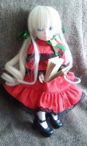 Rating: Safe Score: 0 Tags: 1girl blue_eyes book doll dress gift holding long_hair mary_janes red_dress shinku shoes sitting solo traditional_media white_hair white_legwear User: admin