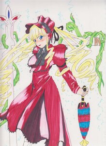 Rating: Safe Score: 0 Tags: 1girl blonde_hair blue_eyes dress drill_hair hat image long_sleeves puffy_sleeves red_dress shinku solo standing traditional_media weapon User: admin