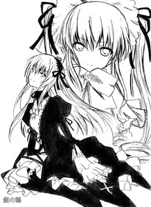 Rating: Safe Score: 0 Tags: 1girl dress frills greyscale hair_ribbon hairband image long_hair long_sleeves looking_at_viewer monochrome pair ribbon shinku simple_background suigintou white_background User: admin