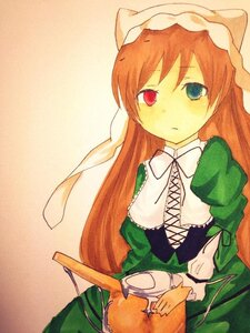 Rating: Safe Score: 0 Tags: 1girl brown_hair dress green_dress hat heterochromia image long_hair long_sleeves looking_at_viewer red_eyes simple_background solo suiseiseki very_long_hair User: admin