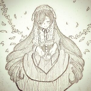 Rating: Safe Score: 0 Tags: 1girl blush closed_eyes dress flower hairband image leaf long_hair long_sleeves monochrome solo suiseiseki traditional_media very_long_hair User: admin