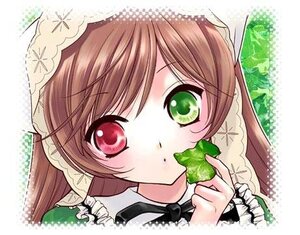 Rating: Safe Score: 0 Tags: 1girl blush brown_hair dress frills green_eyes hat head_scarf image looking_at_viewer red_eyes solo suiseiseki User: admin