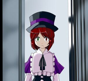Rating: Safe Score: 0 Tags: capelet dress green_eyes hat heterochromia image letterboxed long_sleeves looking_at_viewer red_eyes red_hair ribbon short_hair solo souseiseki striped top_hat User: admin