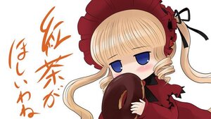 Rating: Safe Score: 0 Tags: 1girl blonde_hair blue_eyes blush bonnet bow dress drill_hair hat holding image long_hair long_sleeves red_dress shinku simple_background solo twintails white_background User: admin