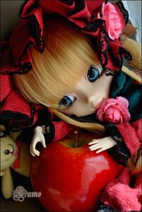 Rating: Safe Score: 0 Tags: 1girl blonde_hair blue_eyes bow doll flower food hat long_hair pink_flower pink_rose red_rose rose shinku solo stuffed_animal User: admin