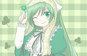 Rating: Safe Score: 0 Tags: 1girl blush bug butterfly checkered checkered_background dress frills green_eyes green_hair image insect long_hair long_sleeves one_eye_closed plaid_background ribbon smile solo suiseiseki upper_body User: admin