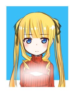 Rating: Safe Score: 0 Tags: 1girl bangs blonde_hair blue_background blue_eyes blunt_bangs blush eyebrows_visible_through_hair image long_hair looking_at_viewer meme_attire ribbed_sweater shinku sidelocks simple_background solo sweater turtleneck turtleneck_sweater twintails upper_body User: admin