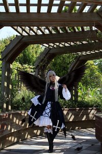 Rating: Safe Score: 0 Tags: 1girl angel_wings bird_wings black_wings boots day dress feathered_wings feathers long_hair looking_at_viewer railing red_eyes solo suigintou wings User: admin
