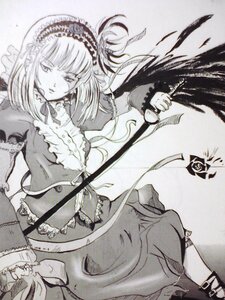 Rating: Safe Score: 0 Tags: 1girl breasts dress frills greyscale hairband image monochrome solo suigintou traditional_media weapon User: admin