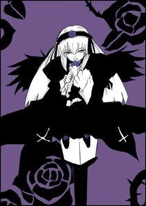 Rating: Safe Score: 0 Tags: 1girl black_wings cross dress flower frills hairband image long_hair long_sleeves looking_at_viewer monochrome purple_background purple_rose purple_theme rose solo suigintou wings User: admin