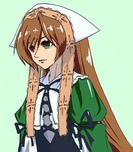 Rating: Safe Score: 0 Tags: 1girl brown_hair closed_mouth dress green_background green_dress green_eyes head_scarf heterochromia image long_hair long_sleeves red_eyes simple_background smile solo suiseiseki upper_body very_long_hair User: admin