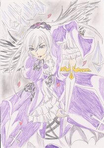 Rating: Safe Score: 0 Tags: 1girl black_wings dress flower frilled_sleeves frills hairband image long_hair long_sleeves petals purple_dress rose solo suigintou traditional_media watercolor_(medium) wings User: admin