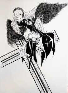 Rating: Safe Score: 0 Tags: 1girl black_wings boots dress feathered_wings frills greyscale hairband image lolita_hairband long_hair long_sleeves looking_at_viewer monochrome solo suigintou thighhighs weapon wings User: admin