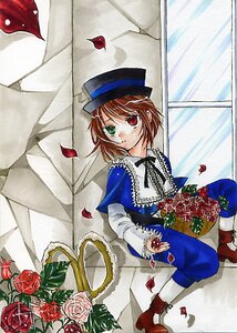 Rating: Safe Score: 0 Tags: 1girl brown_hair flower green_eyes hat heterochromia image long_sleeves looking_at_viewer petals pink_rose red_eyes red_flower red_rose rose rose_petals short_hair sitting solo souseiseki top_hat User: admin