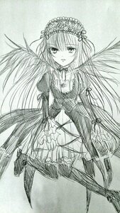 Rating: Safe Score: 0 Tags: 1girl dress frills greyscale hairband image lolita_hairband long_hair long_sleeves looking_at_viewer monochrome ribbon sketch solo suigintou traditional_media very_long_hair wings User: admin