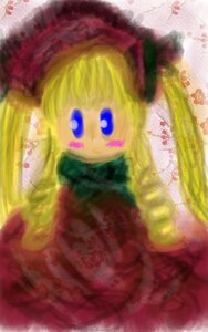 Rating: Safe Score: 0 Tags: 1girl blonde_hair blue_eyes bonnet bow bowtie dress hat image long_hair long_sleeves red_dress shinku solo twintails User: admin