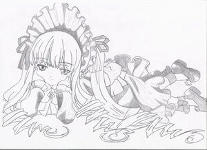 Rating: Safe Score: 0 Tags: 1girl blush dress drill_hair frills greyscale image long_hair long_sleeves looking_at_viewer lying monochrome on_stomach ribbon shinku solo striped tears traditional_media User: admin