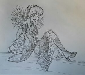 Rating: Safe Score: 0 Tags: 1girl :d akemi_homura boots dress feathered_wings frills full_body greyscale high_heels image long_hair long_sleeves looking_at_viewer monochrome open_mouth sitting sketch smile solo suigintou traditional_media wide_sleeves wings User: admin