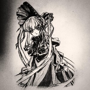 Rating: Safe Score: 0 Tags: 1girl bow dress greyscale image long_hair long_sleeves looking_at_viewer monochrome shinku solo User: admin