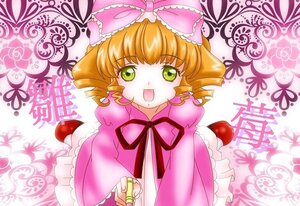 Rating: Safe Score: 0 Tags: 1girl :d blonde_hair bow dress drill_hair food frills fruit green_eyes hina_ichigo hinaichigo image long_sleeves looking_at_viewer open_mouth pink_bow pink_dress short_hair smile solo User: admin