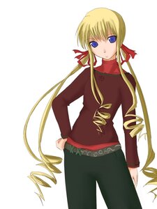 Rating: Safe Score: 0 Tags: 1girl belt black_pants blonde_hair blue_eyes cowboy_shot drill_hair hair_ribbon image long_hair long_sleeves looking_at_viewer pants ribbon ringlets shinku simple_background solo standing twin_drills twintails very_long_hair white_background User: admin