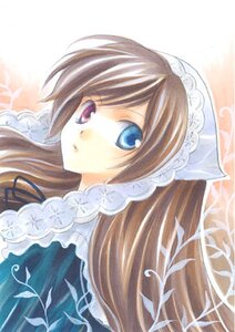 Rating: Safe Score: 0 Tags: 1girl bangs black_ribbon blue_eyes blush brown_hair dress frills head_scarf image long_hair looking_at_viewer ribbon solo suiseiseki traditional_media upper_body User: admin