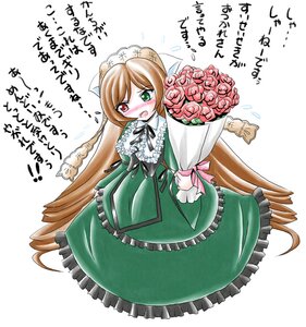 Rating: Safe Score: 0 Tags: 1girl blush bouquet brown_hair dress drill_hair flower flying_sweatdrops frills green_dress green_eyes heterochromia image long_hair long_sleeves open_mouth red_eyes rose solo souseiseki suiseiseki very_long_hair white_background User: admin