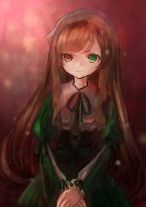 Rating: Safe Score: 0 Tags: 1girl brown_hair dress green_dress green_eyes heterochromia image long_hair long_sleeves looking_at_viewer red_eyes ribbon smile solo suiseiseki very_long_hair User: admin