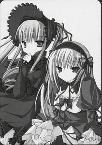 Rating: Safe Score: 0 Tags: 2girls blush dress frills greyscale hairband image long_hair long_sleeves looking_at_viewer monochrome multiple_girls pair ribbon shinku smile suigintou traditional_media User: admin