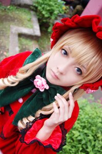 Rating: Safe Score: 0 Tags: 1girl bangs blonde_hair blue_eyes blurry blurry_background bow day depth_of_field dress drill_hair flower lips long_hair long_sleeves looking_at_viewer outdoors photo red_dress rose shinku solo upper_body User: admin