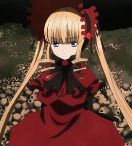 Rating: Safe Score: 0 Tags: 1girl blonde_hair blue_eyes bonnet bow bowtie dress flower image long_hair long_sleeves looking_at_viewer red_dress shinku solo twintails User: admin