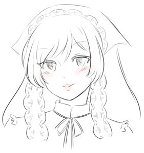 Rating: Safe Score: 0 Tags: 1girl blush braid closed_mouth eyebrows_visible_through_hair greyscale image lineart looking_at_viewer maid_headdress monochrome neck_ribbon ribbon simple_background sketch smile solo suiseiseki twin_braids white_background User: admin