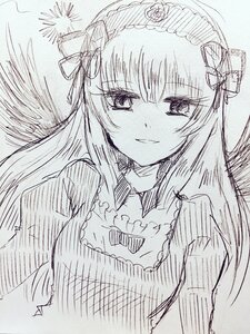 Rating: Safe Score: 0 Tags: 1girl bangs blush detached_collar dress eyebrows_visible_through_hair greyscale hairband image long_hair long_sleeves looking_at_viewer monochrome smile solo suigintou traditional_media upper_body wings User: admin