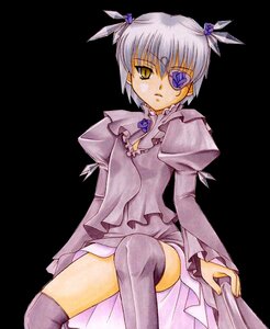 Rating: Safe Score: 0 Tags: 1girl barasuishou black_background dress eyepatch gem image long_sleeves looking_at_viewer puffy_sleeves ribbon short_hair silver_hair simple_background sitting solo thighhighs traditional_media yellow_eyes User: admin